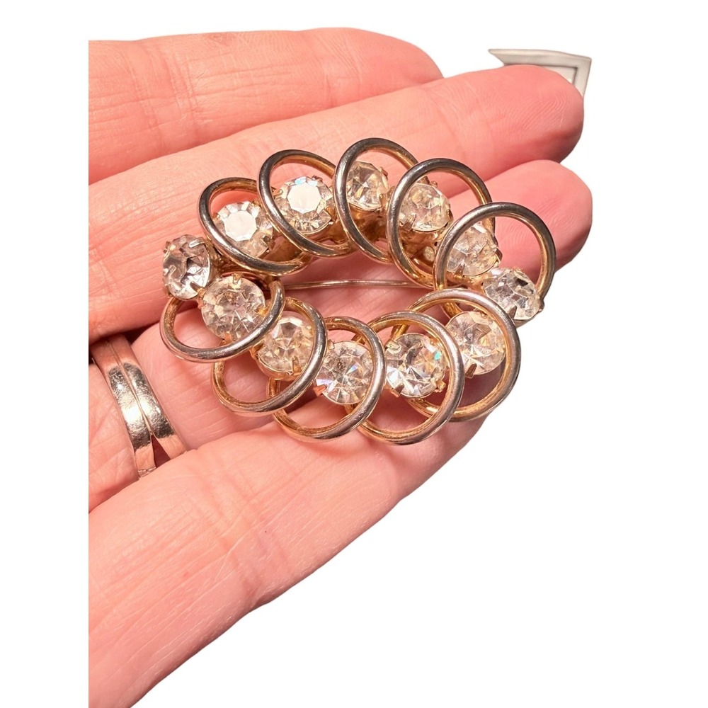 Vintage Rhinestone Circle Brooch Pin Gold Tone Clear Glass Stones Gift